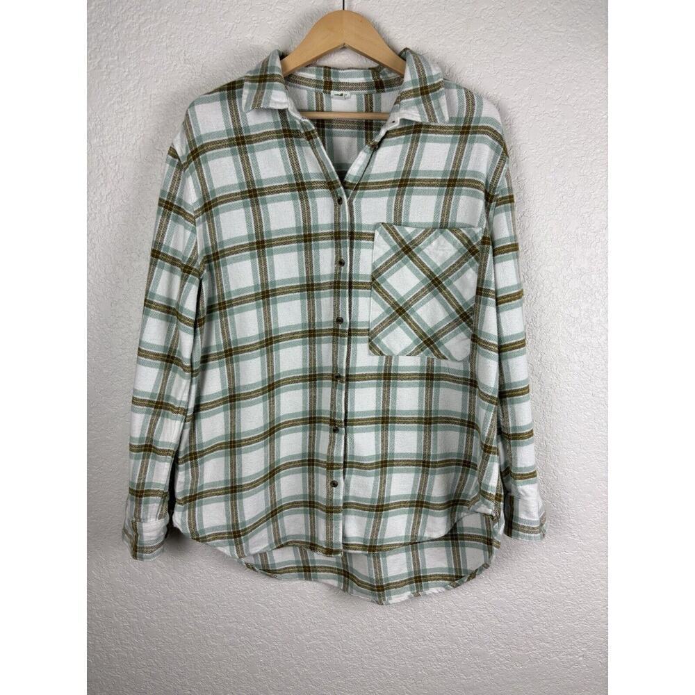 Aerie Plaid Flannel Shirt Shacket Small White Brown Green Fall Earth Tones Cozy